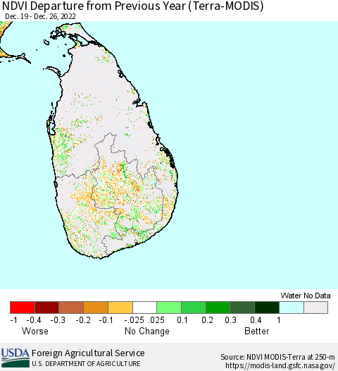 Sri Lanka NDVI Departure from Previous Year (Terra-MODIS) Thematic Map For 12/21/2022 - 12/31/2022