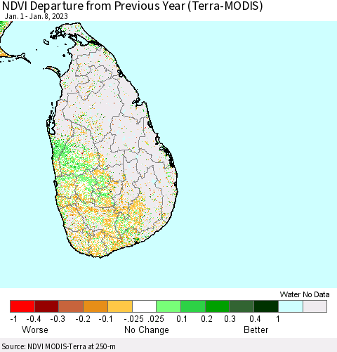 Sri Lanka NDVI Departure from Previous Year (Terra-MODIS) Thematic Map For 1/1/2023 - 1/8/2023
