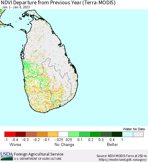 Sri Lanka NDVI Departure from Previous Year (Terra-MODIS) Thematic Map For 1/1/2023 - 1/10/2023