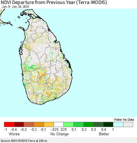 Sri Lanka NDVI Departure from Previous Year (Terra-MODIS) Thematic Map For 1/9/2023 - 1/16/2023