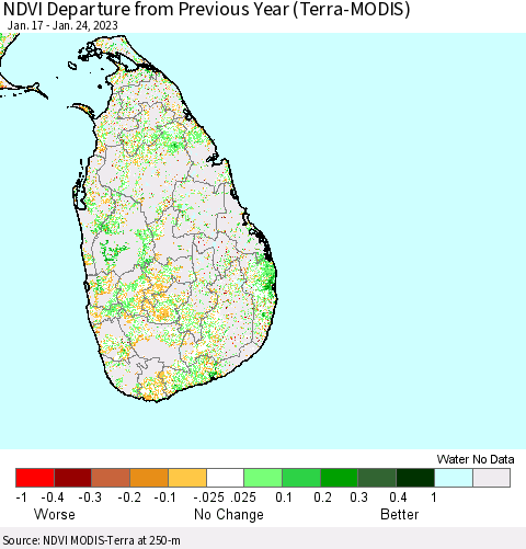 Sri Lanka NDVI Departure from Previous Year (Terra-MODIS) Thematic Map For 1/17/2023 - 1/24/2023