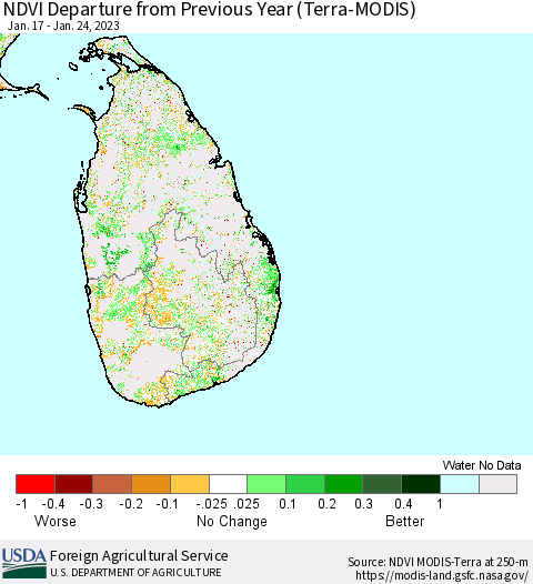 Sri Lanka NDVI Departure from Previous Year (Terra-MODIS) Thematic Map For 1/21/2023 - 1/31/2023