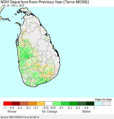 Sri Lanka NDVI Departure from Previous Year (Terra-MODIS) Thematic Map For 1/25/2023 - 2/1/2023