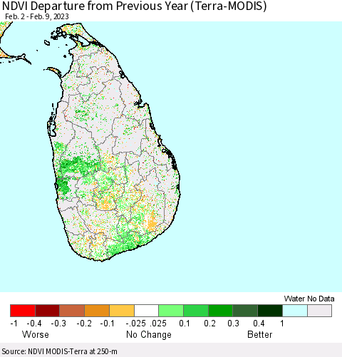 Sri Lanka NDVI Departure from Previous Year (Terra-MODIS) Thematic Map For 2/2/2023 - 2/9/2023