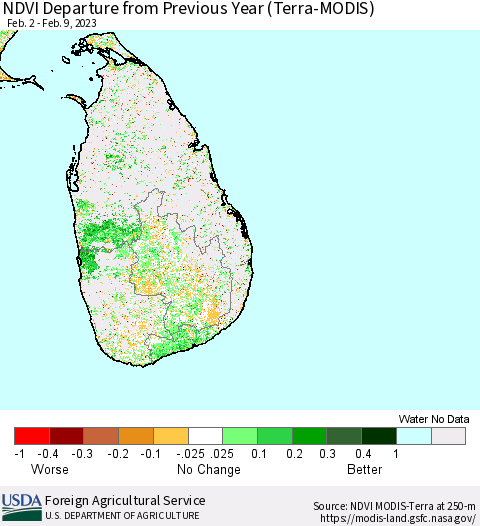Sri Lanka NDVI Departure from Previous Year (Terra-MODIS) Thematic Map For 2/1/2023 - 2/10/2023