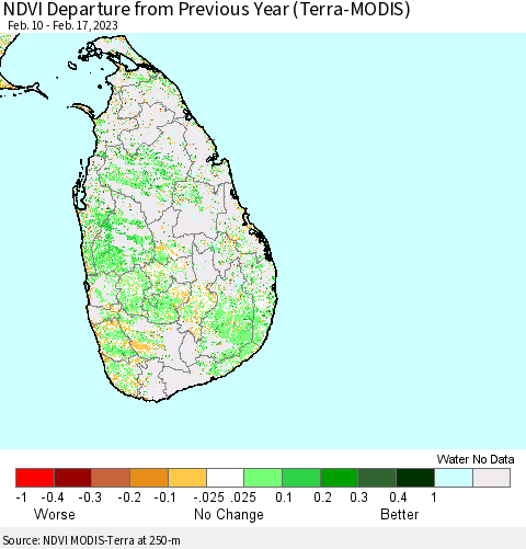 Sri Lanka NDVI Departure from Previous Year (Terra-MODIS) Thematic Map For 2/10/2023 - 2/17/2023