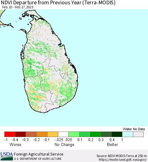 Sri Lanka NDVI Departure from Previous Year (Terra-MODIS) Thematic Map For 2/11/2023 - 2/20/2023