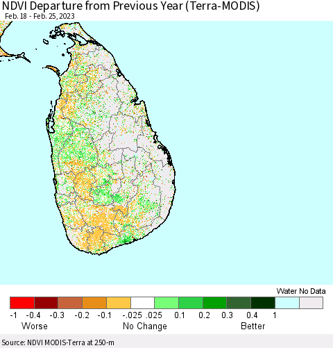Sri Lanka NDVI Departure from Previous Year (Terra-MODIS) Thematic Map For 2/18/2023 - 2/25/2023