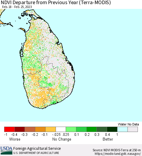 Sri Lanka NDVI Departure from Previous Year (Terra-MODIS) Thematic Map For 2/21/2023 - 2/28/2023