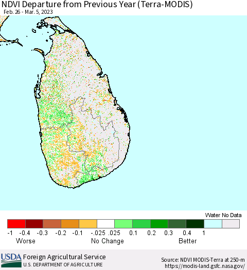 Sri Lanka NDVI Departure from Previous Year (Terra-MODIS) Thematic Map For 3/1/2023 - 3/10/2023