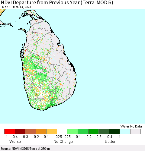 Sri Lanka NDVI Departure from Previous Year (Terra-MODIS) Thematic Map For 3/6/2023 - 3/13/2023