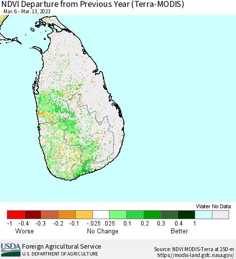 Sri Lanka NDVI Departure from Previous Year (Terra-MODIS) Thematic Map For 3/11/2023 - 3/20/2023