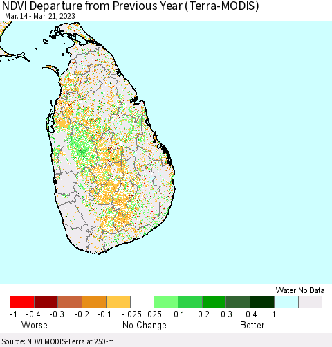 Sri Lanka NDVI Departure from Previous Year (Terra-MODIS) Thematic Map For 3/14/2023 - 3/21/2023