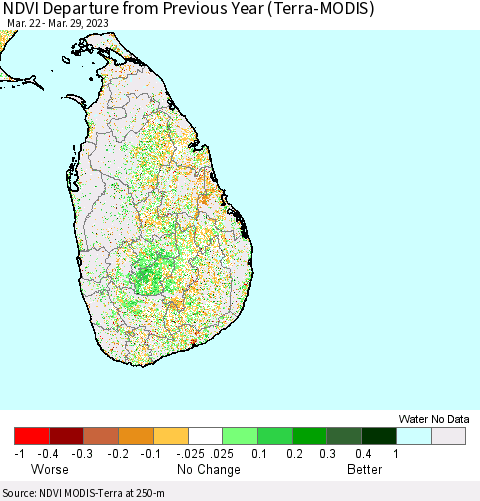 Sri Lanka NDVI Departure from Previous Year (Terra-MODIS) Thematic Map For 3/22/2023 - 3/29/2023