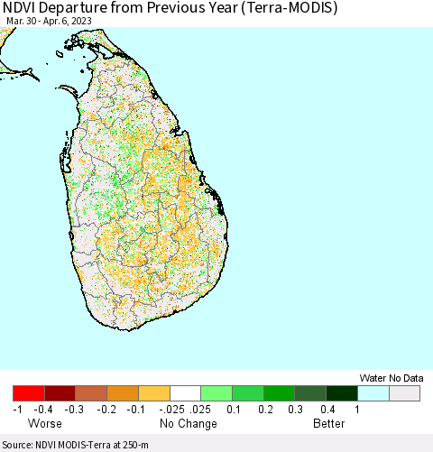Sri Lanka NDVI Departure from Previous Year (Terra-MODIS) Thematic Map For 3/30/2023 - 4/6/2023