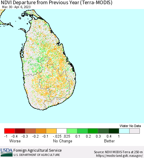 Sri Lanka NDVI Departure from Previous Year (Terra-MODIS) Thematic Map For 4/1/2023 - 4/10/2023