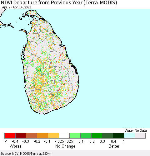 Sri Lanka NDVI Departure from Previous Year (Terra-MODIS) Thematic Map For 4/7/2023 - 4/14/2023