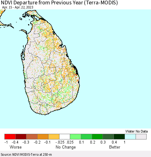 Sri Lanka NDVI Departure from Previous Year (Terra-MODIS) Thematic Map For 4/15/2023 - 4/22/2023