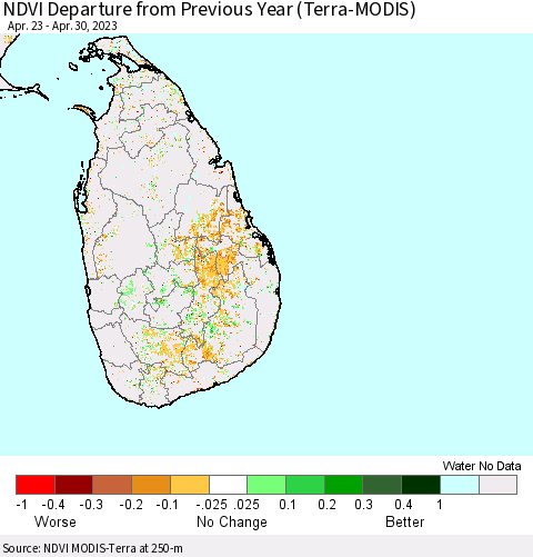 Sri Lanka NDVI Departure from Previous Year (Terra-MODIS) Thematic Map For 4/21/2023 - 4/30/2023