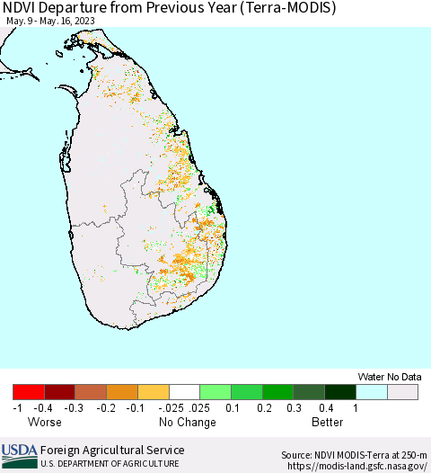 Sri Lanka NDVI Departure from Previous Year (Terra-MODIS) Thematic Map For 5/11/2023 - 5/20/2023