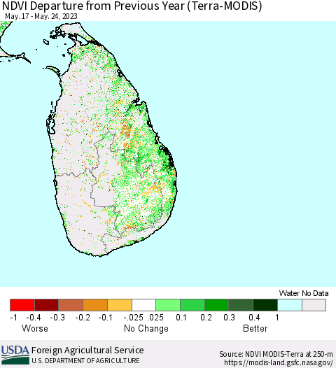 Sri Lanka NDVI Departure from Previous Year (Terra-MODIS) Thematic Map For 5/21/2023 - 5/31/2023
