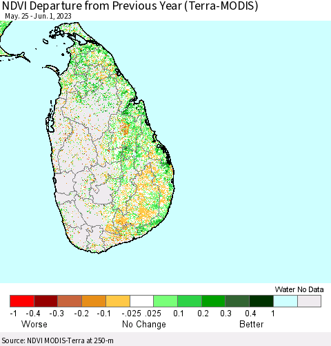 Sri Lanka NDVI Departure from Previous Year (Terra-MODIS) Thematic Map For 5/25/2023 - 6/1/2023
