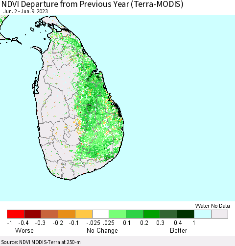Sri Lanka NDVI Departure from Previous Year (Terra-MODIS) Thematic Map For 6/2/2023 - 6/9/2023