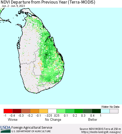 Sri Lanka NDVI Departure from Previous Year (Terra-MODIS) Thematic Map For 6/1/2023 - 6/10/2023