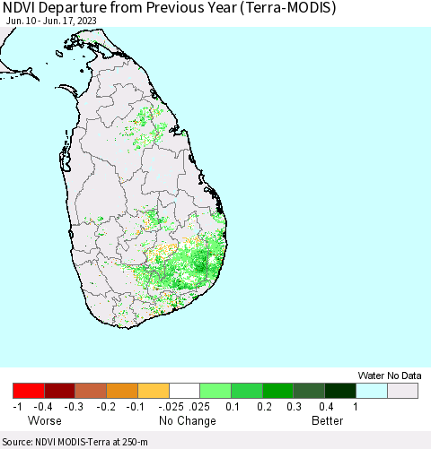 Sri Lanka NDVI Departure from Previous Year (Terra-MODIS) Thematic Map For 6/10/2023 - 6/17/2023