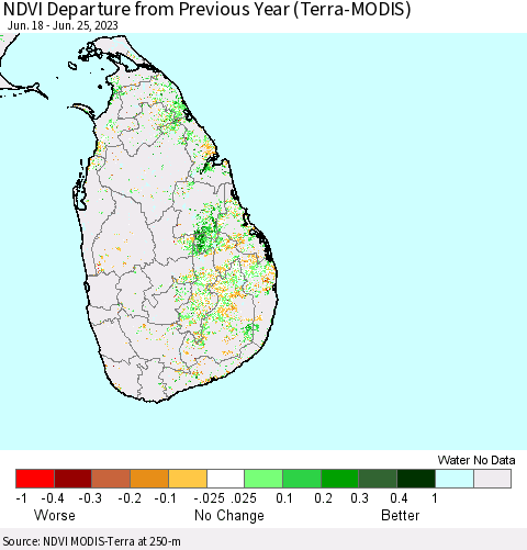 Sri Lanka NDVI Departure from Previous Year (Terra-MODIS) Thematic Map For 6/18/2023 - 6/25/2023