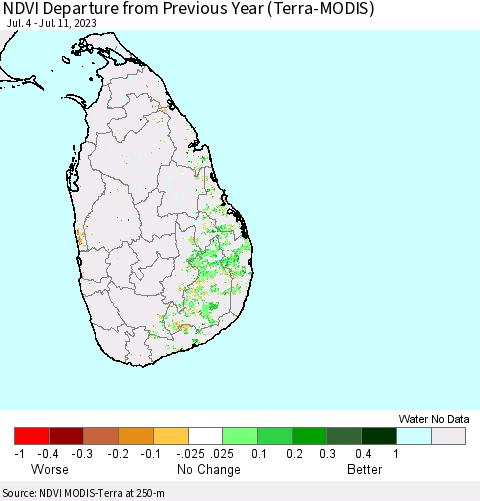 Sri Lanka NDVI Departure from Previous Year (Terra-MODIS) Thematic Map For 7/4/2023 - 7/11/2023