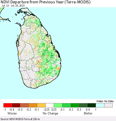 Sri Lanka NDVI Departure from Previous Year (Terra-MODIS) Thematic Map For 7/12/2023 - 7/19/2023