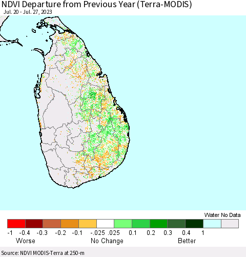 Sri Lanka NDVI Departure from Previous Year (Terra-MODIS) Thematic Map For 7/20/2023 - 7/27/2023