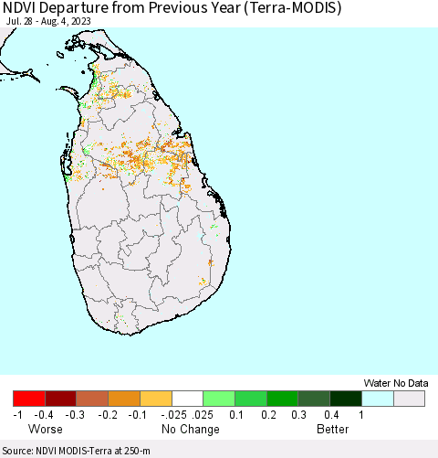 Sri Lanka NDVI Departure from Previous Year (Terra-MODIS) Thematic Map For 7/28/2023 - 8/4/2023