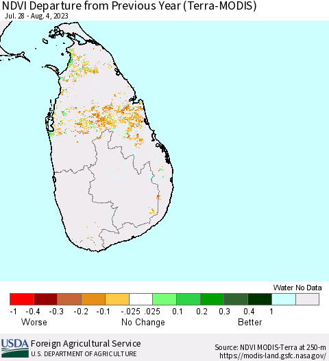 Sri Lanka NDVI Departure from Previous Year (Terra-MODIS) Thematic Map For 8/1/2023 - 8/10/2023
