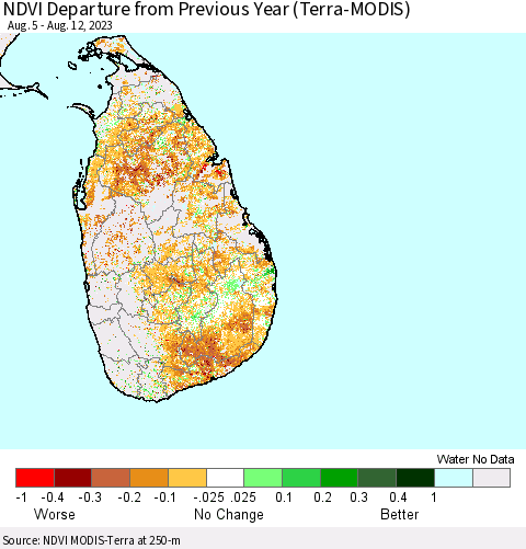 Sri Lanka NDVI Departure from Previous Year (Terra-MODIS) Thematic Map For 8/5/2023 - 8/12/2023