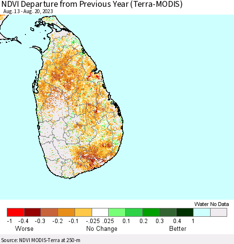 Sri Lanka NDVI Departure from Previous Year (Terra-MODIS) Thematic Map For 8/11/2023 - 8/20/2023