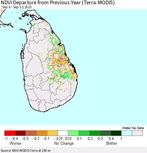 Sri Lanka NDVI Departure from Previous Year (Terra-MODIS) Thematic Map For 9/6/2023 - 9/13/2023