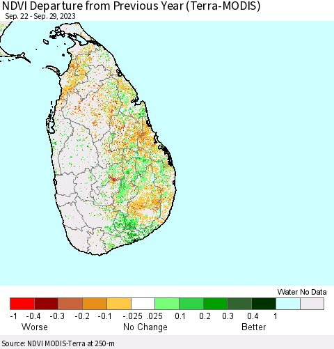 Sri Lanka NDVI Departure from Previous Year (Terra-MODIS) Thematic Map For 9/22/2023 - 9/29/2023
