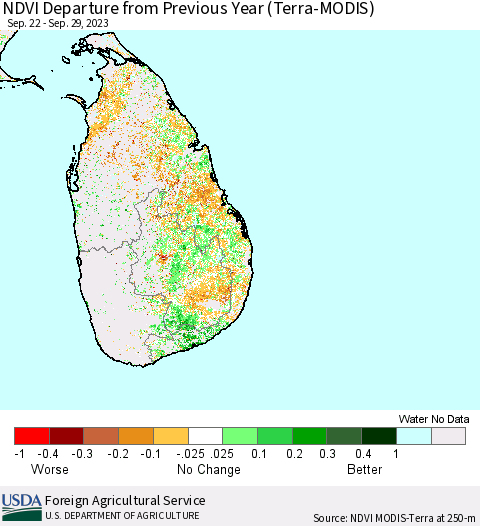 Sri Lanka NDVI Departure from Previous Year (Terra-MODIS) Thematic Map For 9/21/2023 - 9/30/2023