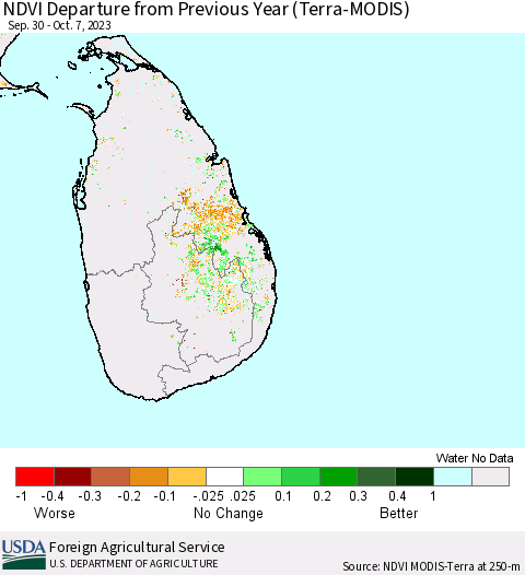 Sri Lanka NDVI Departure from Previous Year (Terra-MODIS) Thematic Map For 10/1/2023 - 10/10/2023