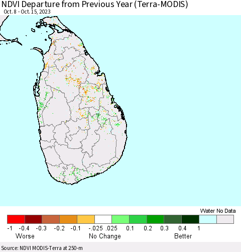 Sri Lanka NDVI Departure from Previous Year (Terra-MODIS) Thematic Map For 10/8/2023 - 10/15/2023