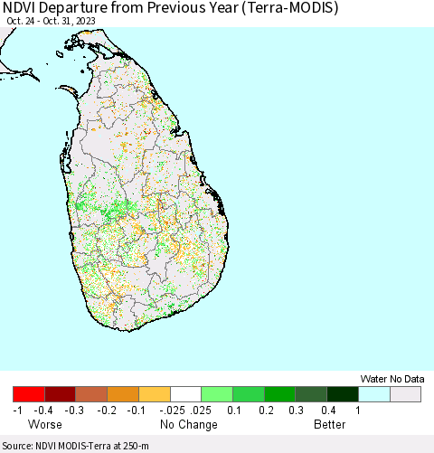 Sri Lanka NDVI Departure from Previous Year (Terra-MODIS) Thematic Map For 10/21/2023 - 10/31/2023