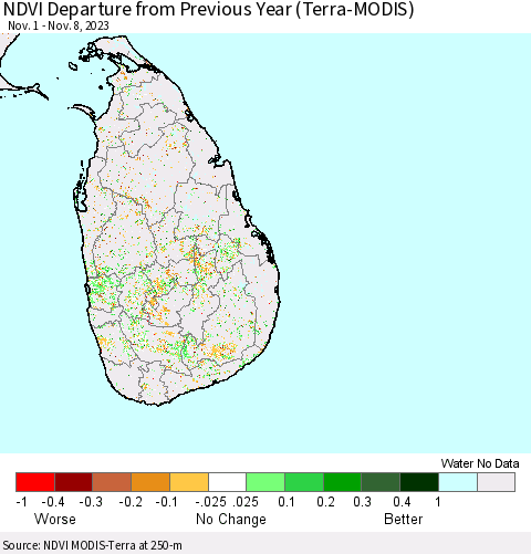 Sri Lanka NDVI Departure from Previous Year (Terra-MODIS) Thematic Map For 11/1/2023 - 11/8/2023
