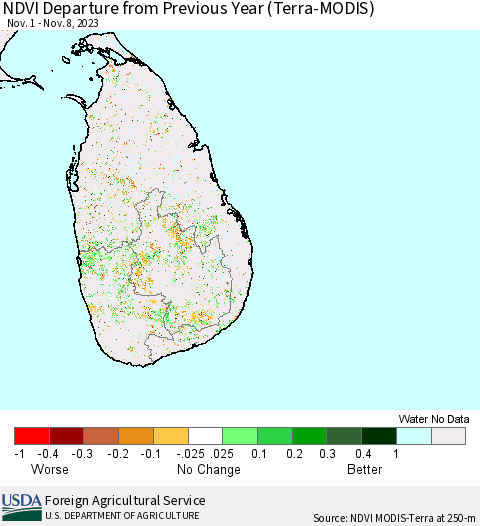 Sri Lanka NDVI Departure from Previous Year (Terra-MODIS) Thematic Map For 11/1/2023 - 11/10/2023