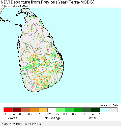 Sri Lanka NDVI Departure from Previous Year (Terra-MODIS) Thematic Map For 11/17/2023 - 11/24/2023