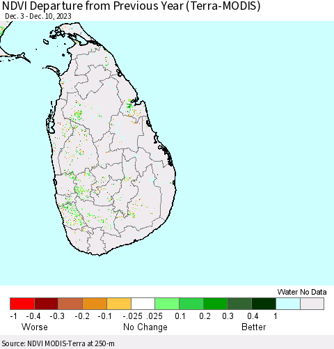 Sri Lanka NDVI Departure from Previous Year (Terra-MODIS) Thematic Map For 12/3/2023 - 12/10/2023