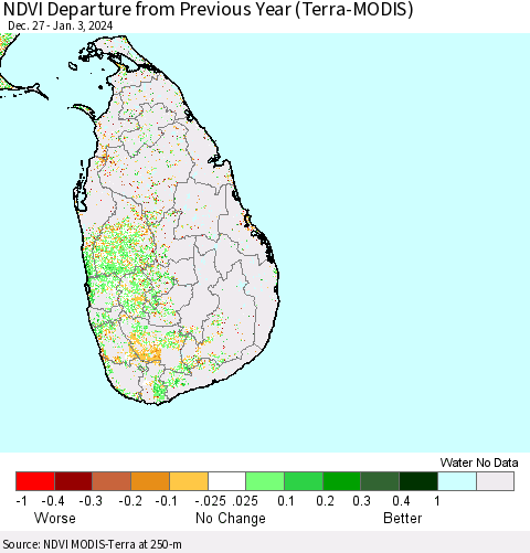 Sri Lanka NDVI Departure from Previous Year (Terra-MODIS) Thematic Map For 12/27/2023 - 1/3/2024