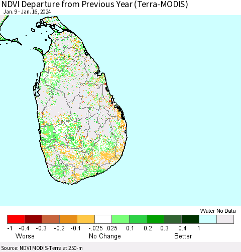 Sri Lanka NDVI Departure from Previous Year (Terra-MODIS) Thematic Map For 1/9/2024 - 1/16/2024