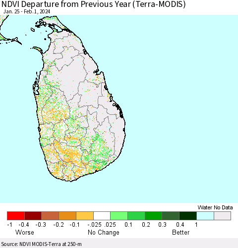 Sri Lanka NDVI Departure from Previous Year (Terra-MODIS) Thematic Map For 1/25/2024 - 2/1/2024